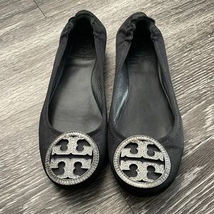 Tory Burch black satin ballet flat with rhinestone logo